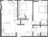 Floor plan for 2 beds, 1 bath, 959 sqft